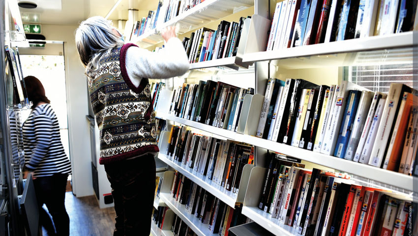 A complete bookmobile with a wide choice of books, comics, CDs, DVDs, ...