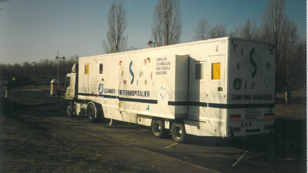 Shared mobile CT scanner serving multiple hospitals